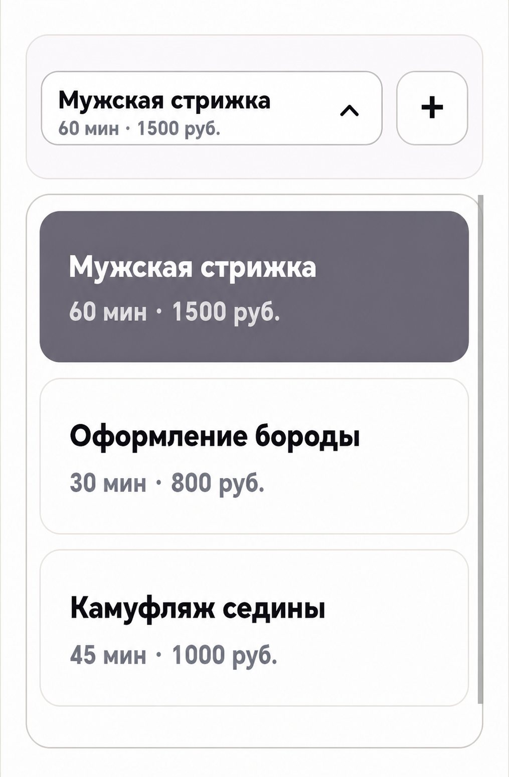 Активный «+» открывает список совместимых услуг